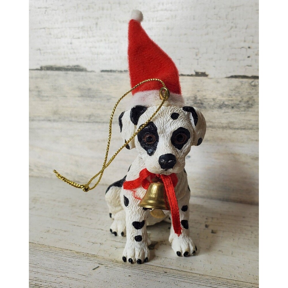 Dalmatian Puppy Dog Resin Ornament Christmas Holiday Tree Decor Bell & Hat VTG?